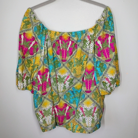 LOFT Palm Bubble Sleeve Square Neck Blouse Womens XL Multicolor Tropical Travel - Picture 3 of 11